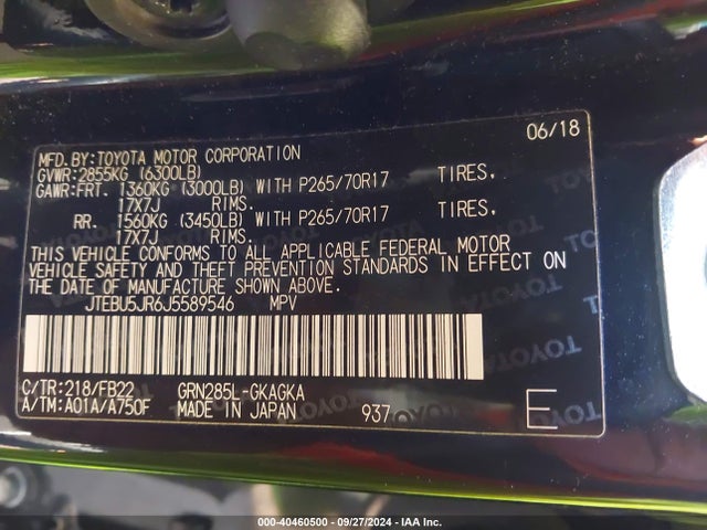 Toyota 4RUNNER SR5 2018 JTEBU5JR6J5589546 Image 9