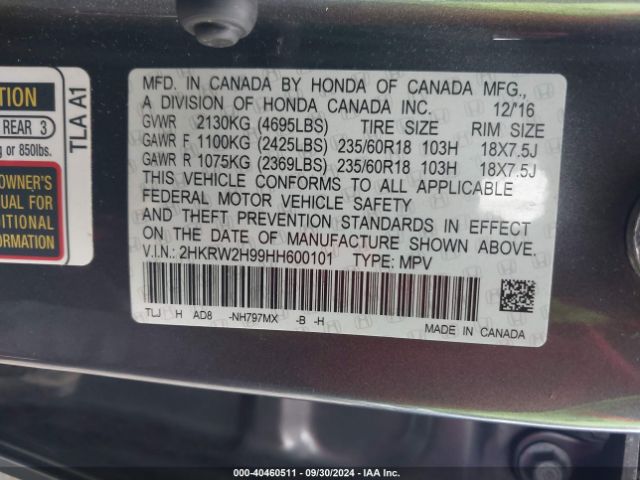 2HKRW2H99HH600101 Honda Cr-v Touring