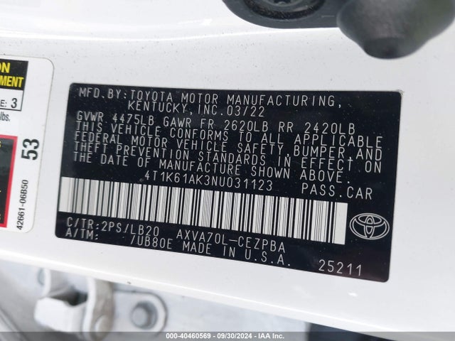 Toyota CAMRY XSE 2022 4T1K61AK3NU031123 Image 9