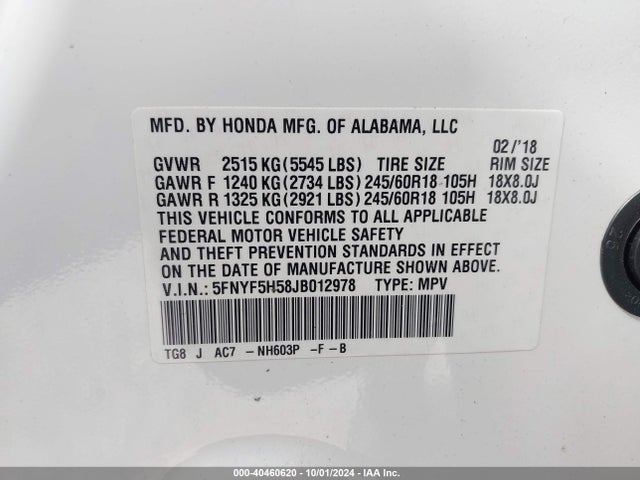 Honda Pilot Ex-l 2018 5FNYF5H58JB012978 Image 9