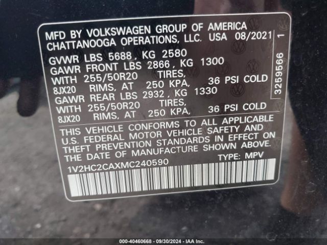 1V2HC2CAXMC240590 Volkswagen Atlas Cross Sport 2.0t Se W/technology