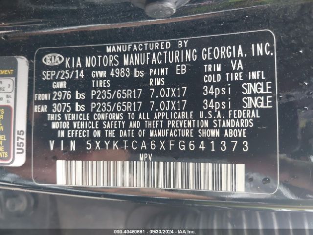 5XYKTCA6XFG641373 KIA SORENTO LX
