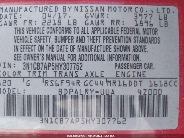 3N1CB7AP5HY307762 Nissan Sentra Sr Turbo