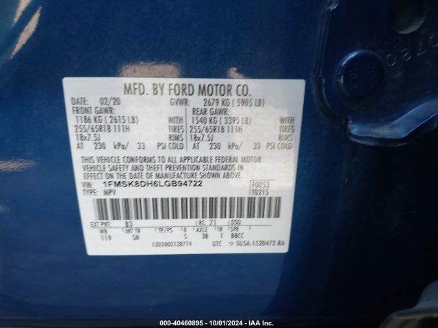 Ford EXPLORER XLT 2020 1FMSK8DH6LGB94722 Image 9