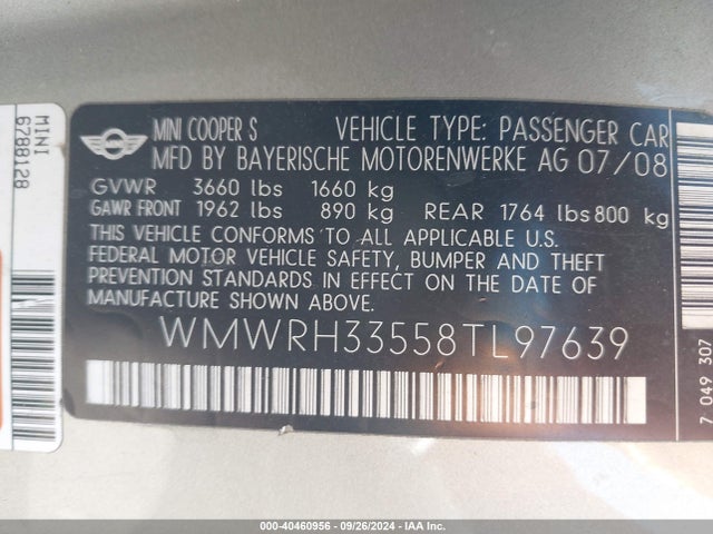 2008 MINI COOPER S WMWRH33558TL97639 Photo 8