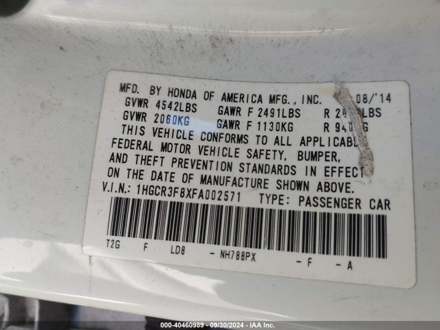 Honda Accord Ex-l V-6 2015 1HGCR3F8XFA002571 Image 9