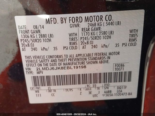 2LMDJ6JK8EBL19198 Lincoln MKX