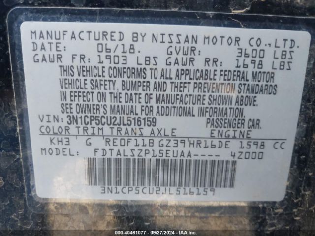 3N1CP5CU2JL516159 Nissan KICKS SV