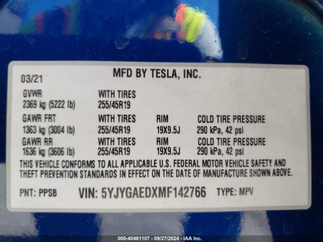 5YJYGAEDXMF142766 Tesla Model Y Performance Dual Motor All-wheel Drive/standard Range Rear-wheel Drive
