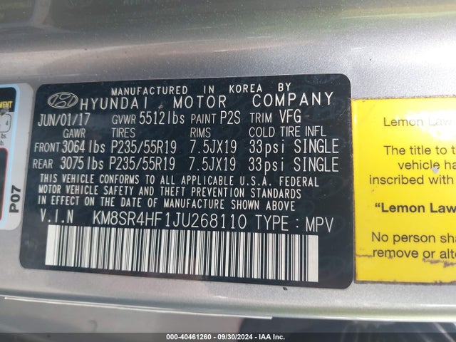 KM8SR4HF1JU268110 Hyundai Santa Fe Limited Ultimate