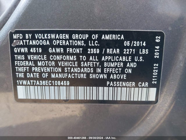 1VWAT7A36EC108459 Volkswagen Passat 1.8t Wolfsburg Edition