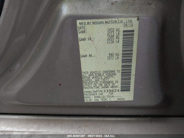 Nissan Altima 2.5 S 2015 1N4AL3AP7FN339624 Image 9