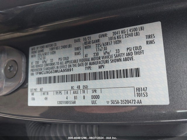 Ford ESCAPE SE 2021 1FMCU9G63MUA95891 Image 9