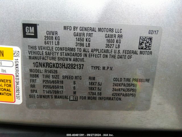 1GNKRGKD3HJ282137 Chevrolet Traverse 1lt