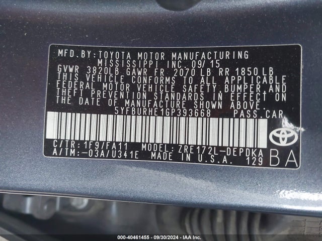 Toyota COROLLA L 2016 5YFBURHE1GP393668 Image 9