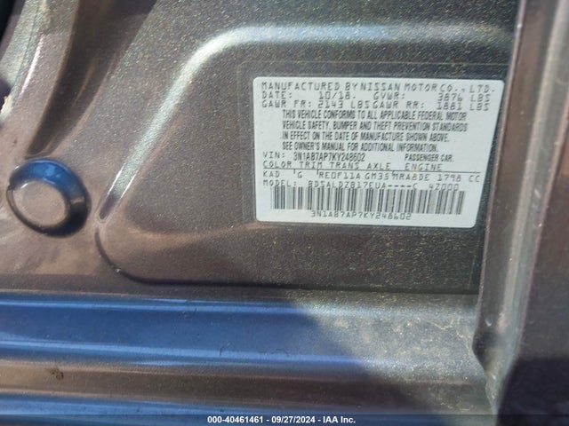 Nissan SENTRA SV 2019 3N1AB7AP7KY248602 Image 9