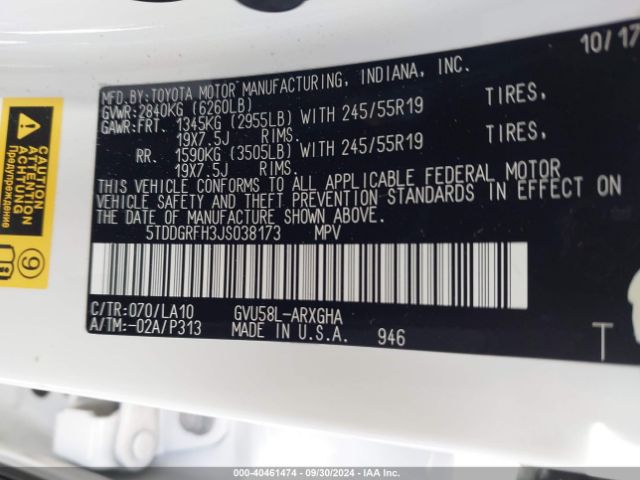 5TDDGRFH3JS038173 Toyota Highlander Hybrid Limited Platinum