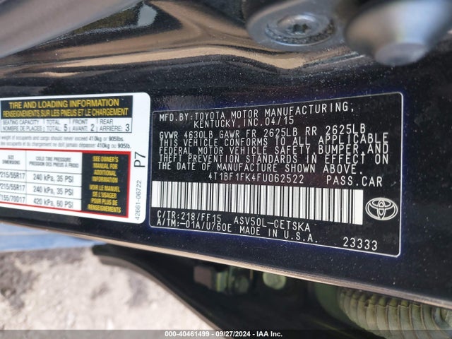 Toyota CAMRY SE 2015 4T1BF1FK4FU062522 Image 9