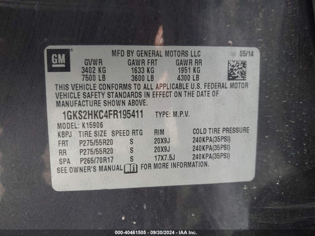 1GKS2HKC4FR195411 GMC Yukon Xl 1500 Slt
