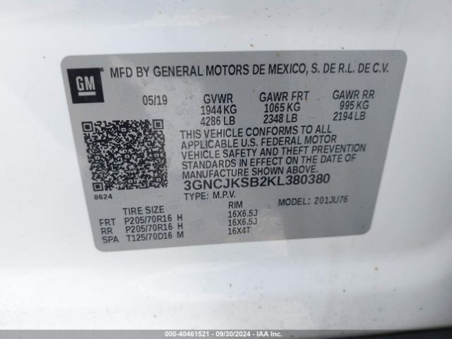 3GNCJKSB2KL380380 Chevrolet TRAX LS