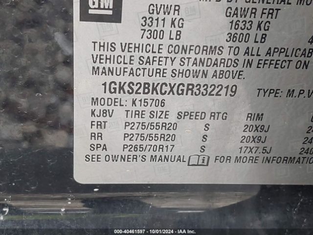 1GKS2BKCXGR332219 GMC YUKON SLT
