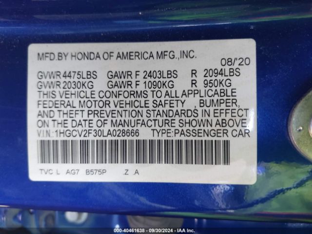 1HGCV2F30LA028666 Honda Accord Sport 2.0t