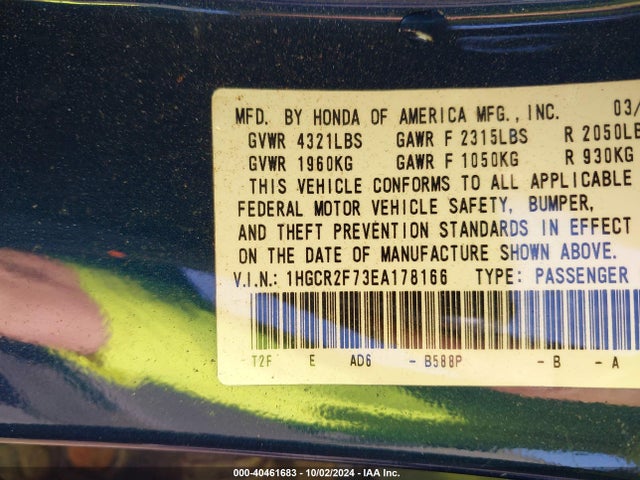 Honda ACCORD EX 2014 1HGCR2F73EA178166 Image 9
