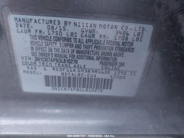 3N1CN7AP8GL810270 Nissan Versa 1.6 S/1.6 S+/1.6 Sl/1.6 Sv