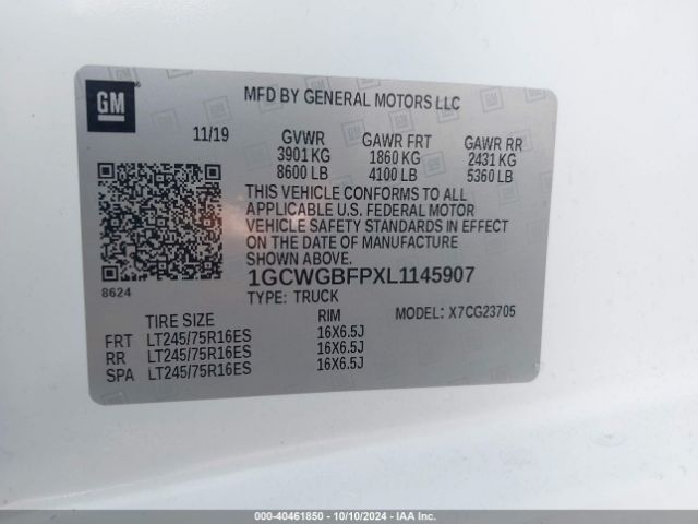 1GCWGBFPXL1145907 Chevrolet Express Cargo Rwd 2500 Extended Wheelbase Wt