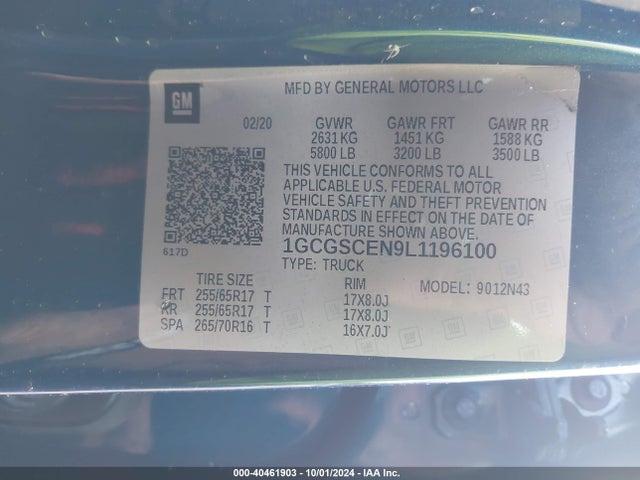 1GCGSCEN9L1196100 Chevrolet Colorado 2wd  Short Box Lt