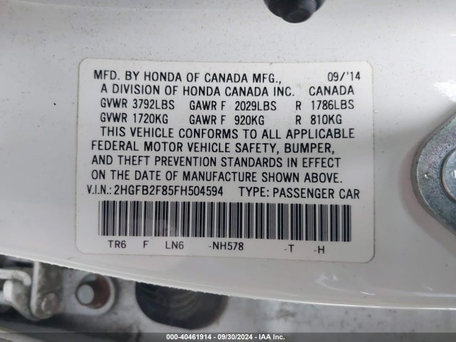 Honda CIVIC EX 2015 2HGFB2F85FH504594 Image 9