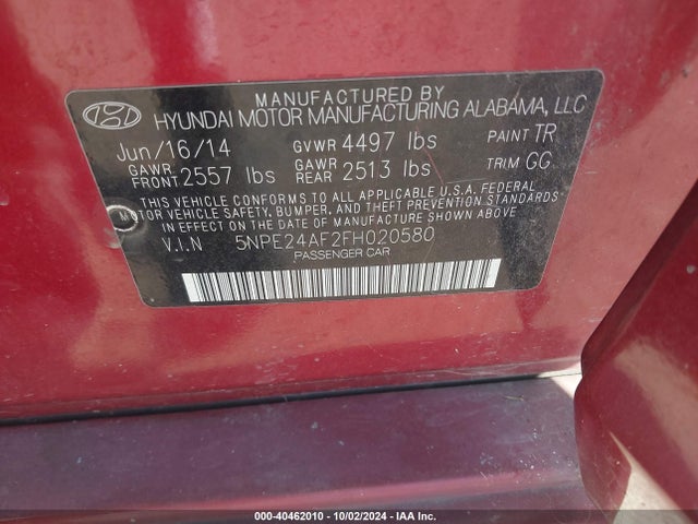 Hyundai SONATA SE 2015 5NPE24AF2FH020580 Image 9