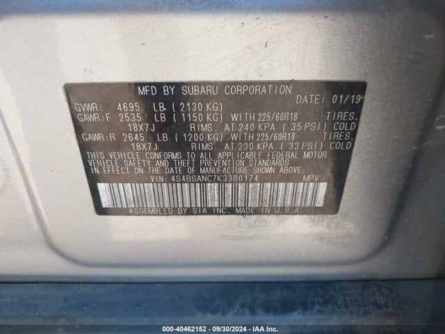 Subaru Outback 2.5i Limited 2019 4S4BSANC7K3300174 Image 9