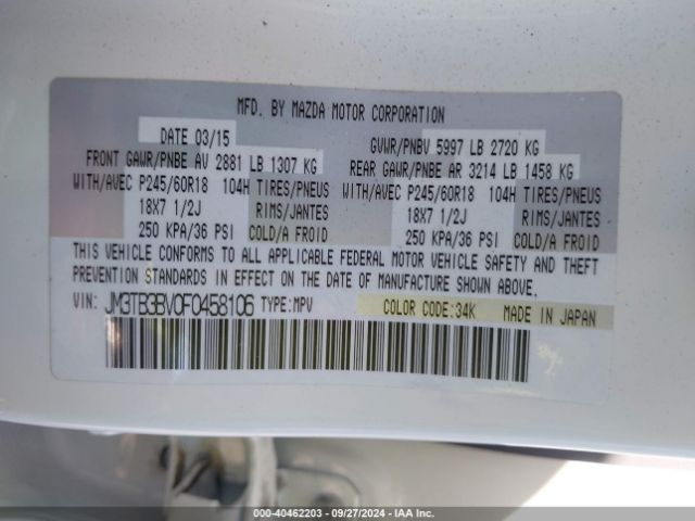 JM3TB3BV0F0458106 Mazda CX-9 SPORT