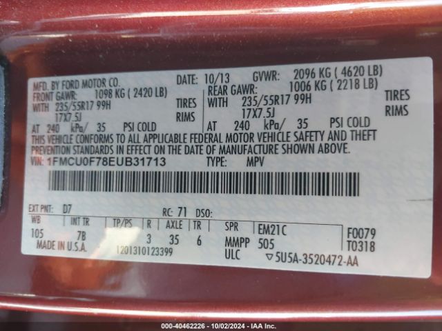 1FMCU0F78EUB31713 Ford ESCAPE S