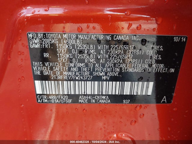 Toyota Rav4 Xle 2015 2T3RFREV7FW243727 Image 9
