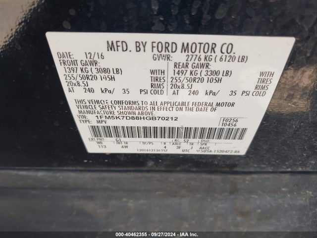 Ford EXPLORER XLT 2017 1FM5K7D88HGB70212 Image 9