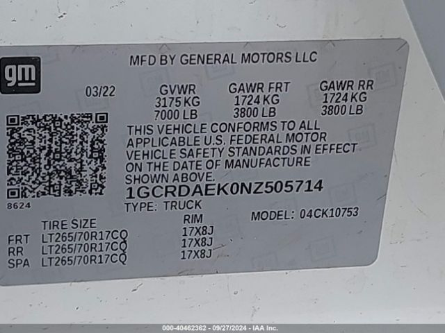 1GCRDAEK0NZ505714 Chevrolet Silverado 1500 4wd Double Cab Standard Bed Wt