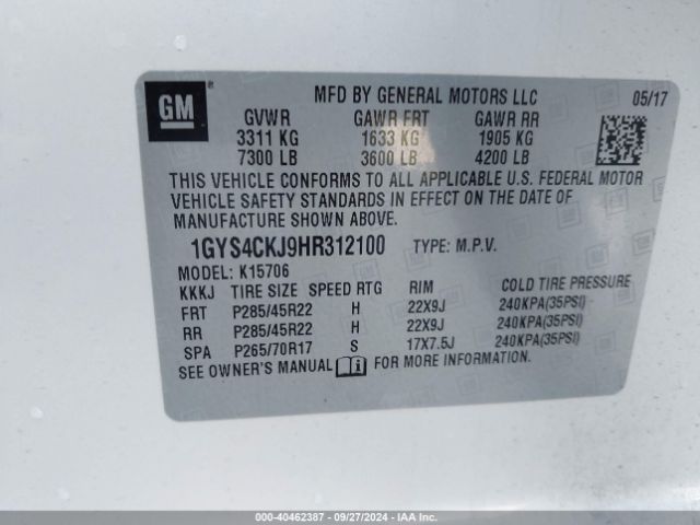 1GYS4CKJ9HR312100 Cadillac Escalade Premium Luxury