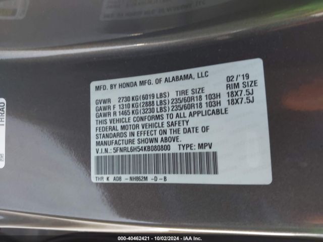 5FNRL6H54KB080800 Honda ODYSSEY EX