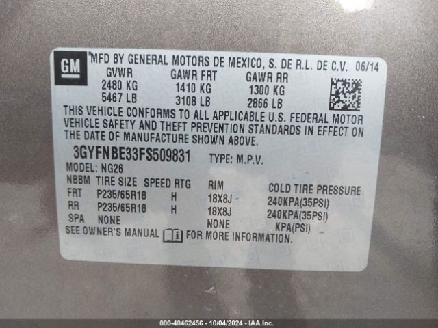3GYFNBE33FS509831 Cadillac Srx Luxury Collection