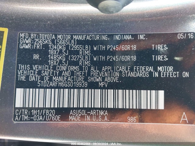 Toyota Highlander Le 2016 5TDZARFH6GS019939 Image 9
