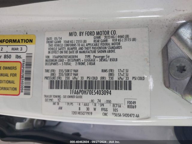 1FA6P0H70E5403094 Ford FUSION SE