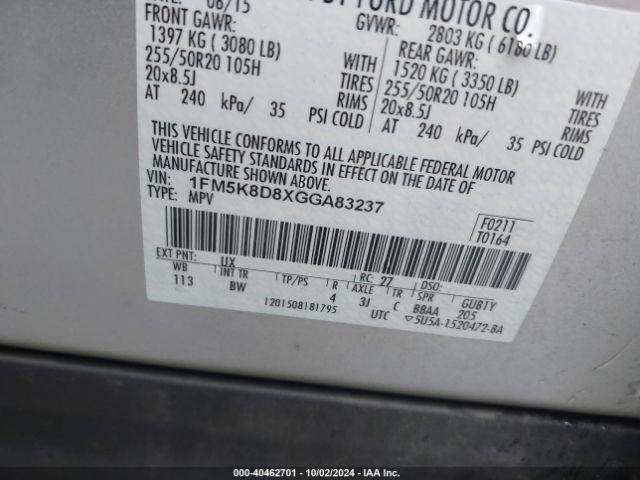 1FM5K8D8XGGA83237 Ford EXPLORER XLT