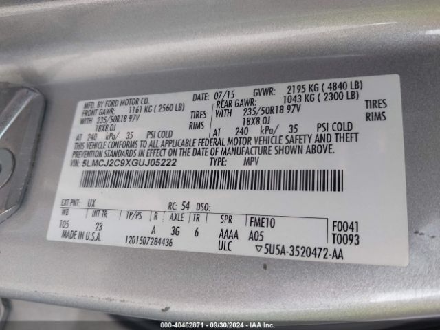 5LMCJ2C9XGUJ05222 Lincoln MKC SELECT