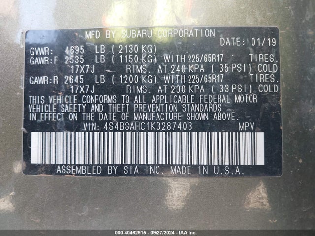 Subaru Outback 2.5i Premium 2019 4S4BSAHC1K3287403 Image 9