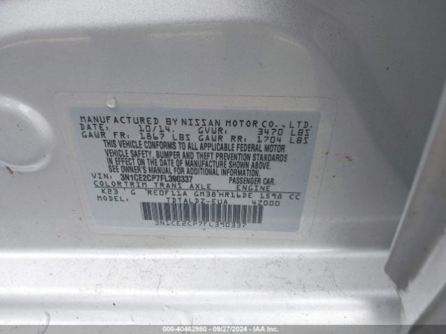 3N1CE2CP7FL390337 Nissan Versa Note S (sr)/s Plus/sl/sr/sv