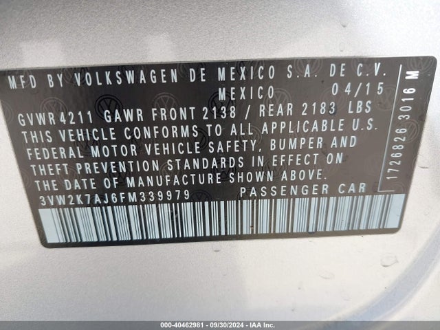 40462981 :رقم المزاد ، 3VW2K7AJ6FM339979 vin ، 2015 Volkswagen Jetta 2.0l S مزاد بيع