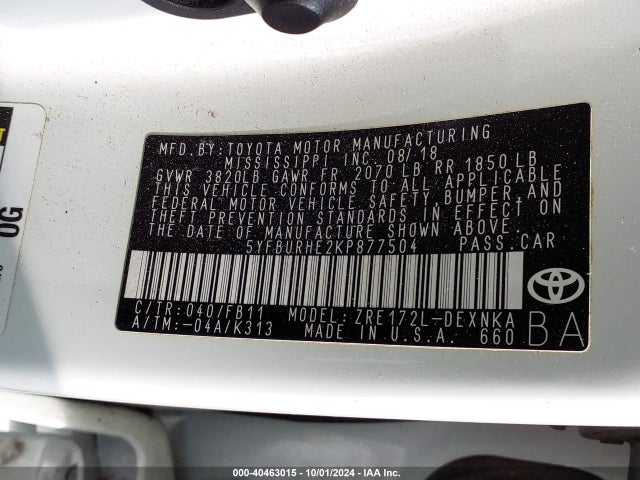 Toyota COROLLA LE 2019 5YFBURHE2KP877504 Image 9