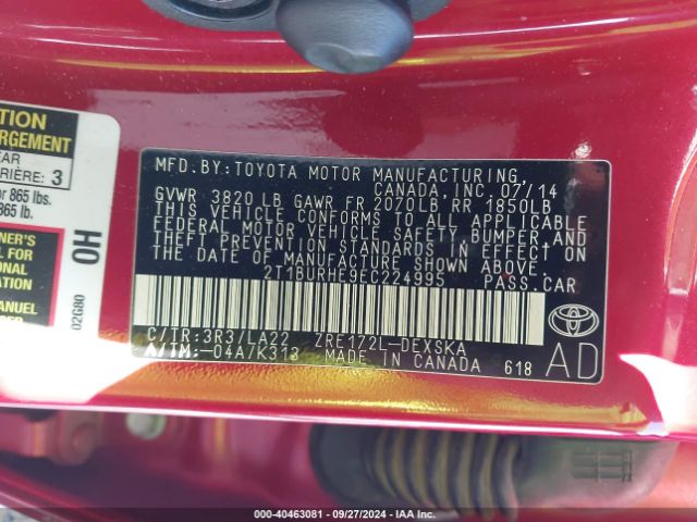 2T1BURHE9EC224995 Toyota Corolla S Premium